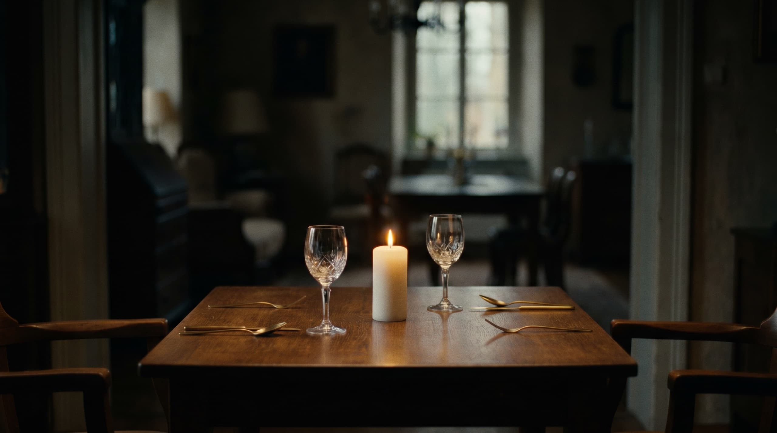 A candlelit table set for two